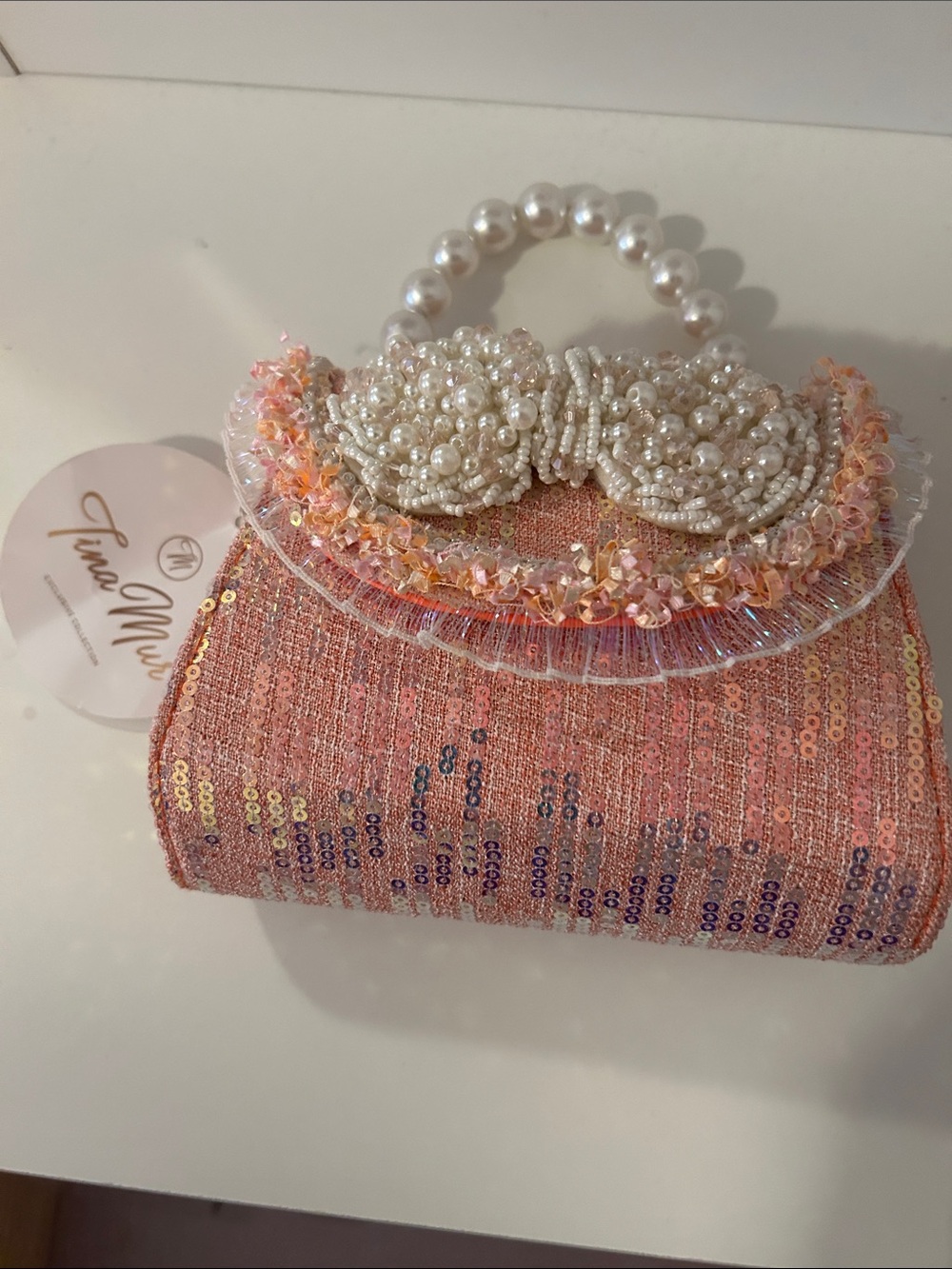 Tina Mur Pearl-Handle Pink Sequin Clutch NWT